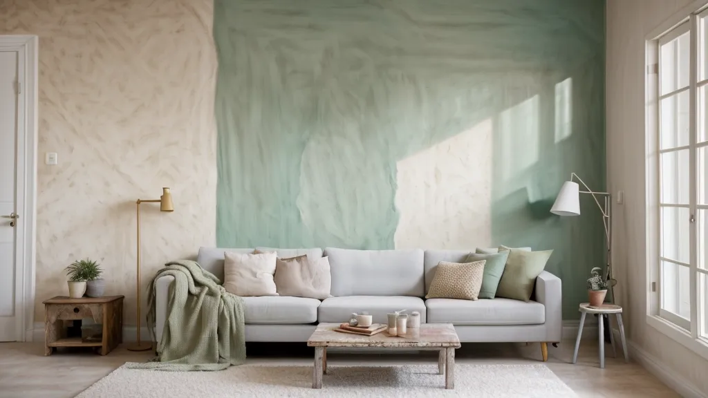Moodboard de la paleta 60-30-10 con lino, cojín verde salvia y muestra de blanco roto para el salón