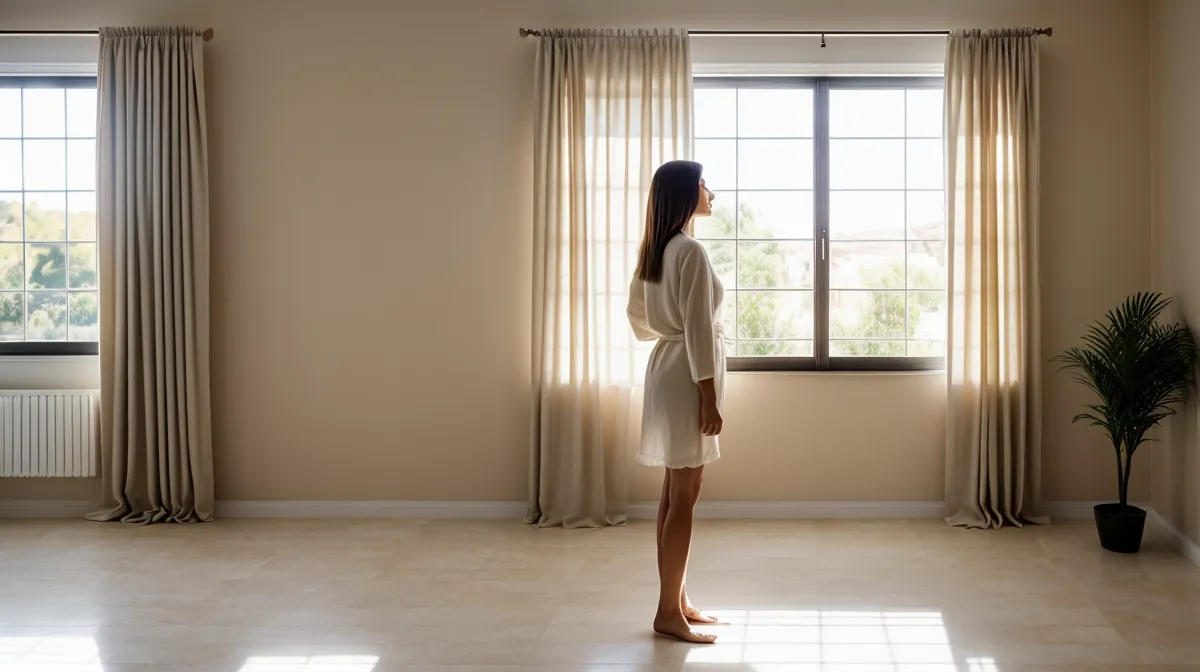 Cortinas de piso de alquiler sin taladro colgadas frente a una ventana con luz de tarde