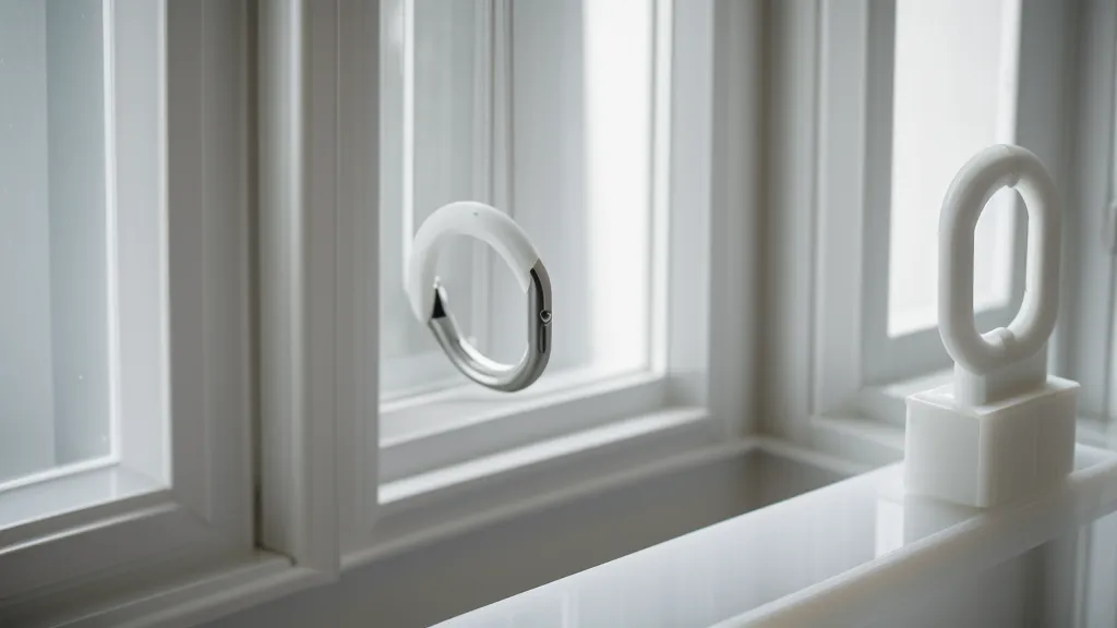 Soporte de cortina sin taladro enganchado al marco de aluminio de una ventana, sin tornillos