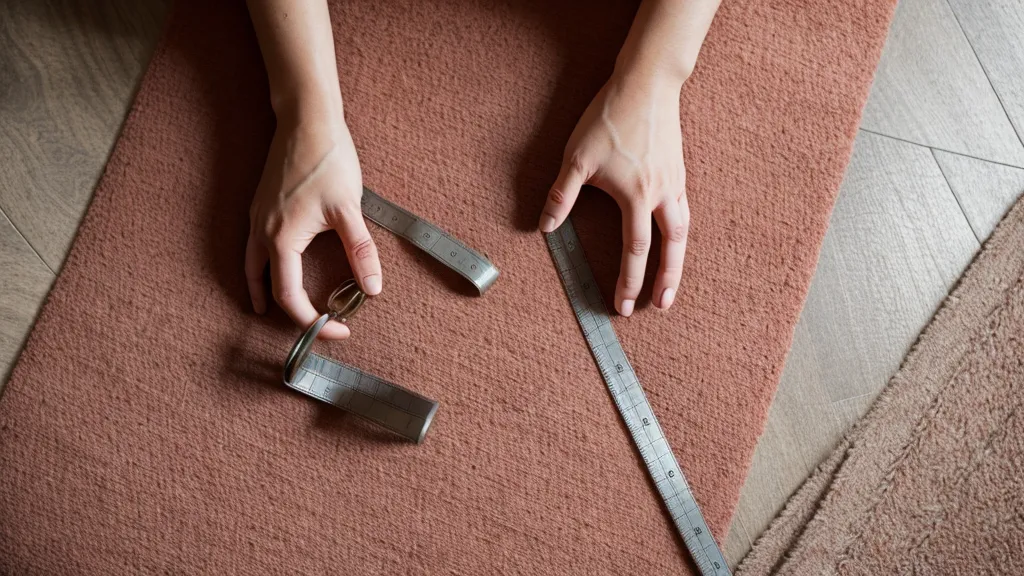 Persona comprobando el margen libre entre la mesa y el borde de una alfombra de comedor