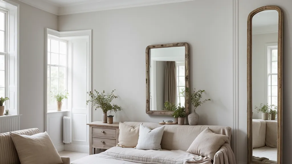 Composición de tres espejos rectangulares en vertical tras el sofá, truco de decoración para ganar altura en un salón pequeño