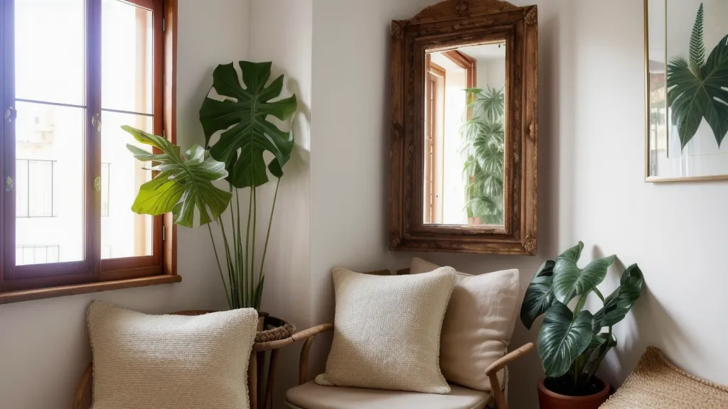 Rincón del dormitorio con espejo y plantas, una de las soluciones sin taladro que probé en el alquiler
