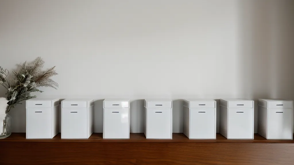 Cajas de almacenaje opacas unificadas en una estantería para reducir el ruido visual en un piso pequeño