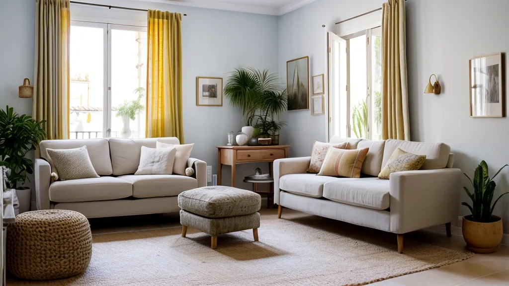 Salón decorado con una pared de acento gris y luz cálida acogedora